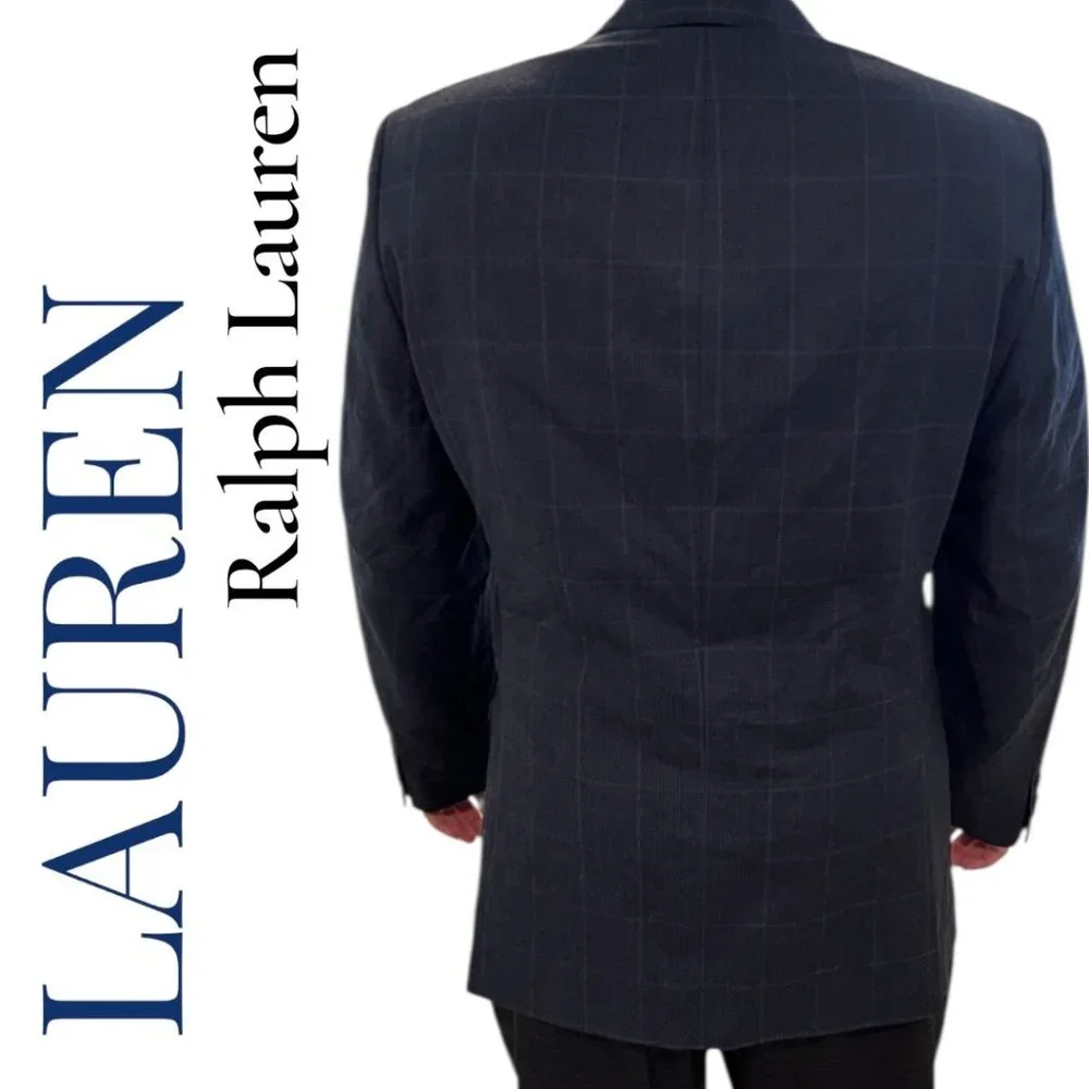 LAUREN RALPH LAUREN MEN’S 100% WOOL PLAID‎ BLAZER 2-BUTTON GRAY BLUE, SIZE 48R